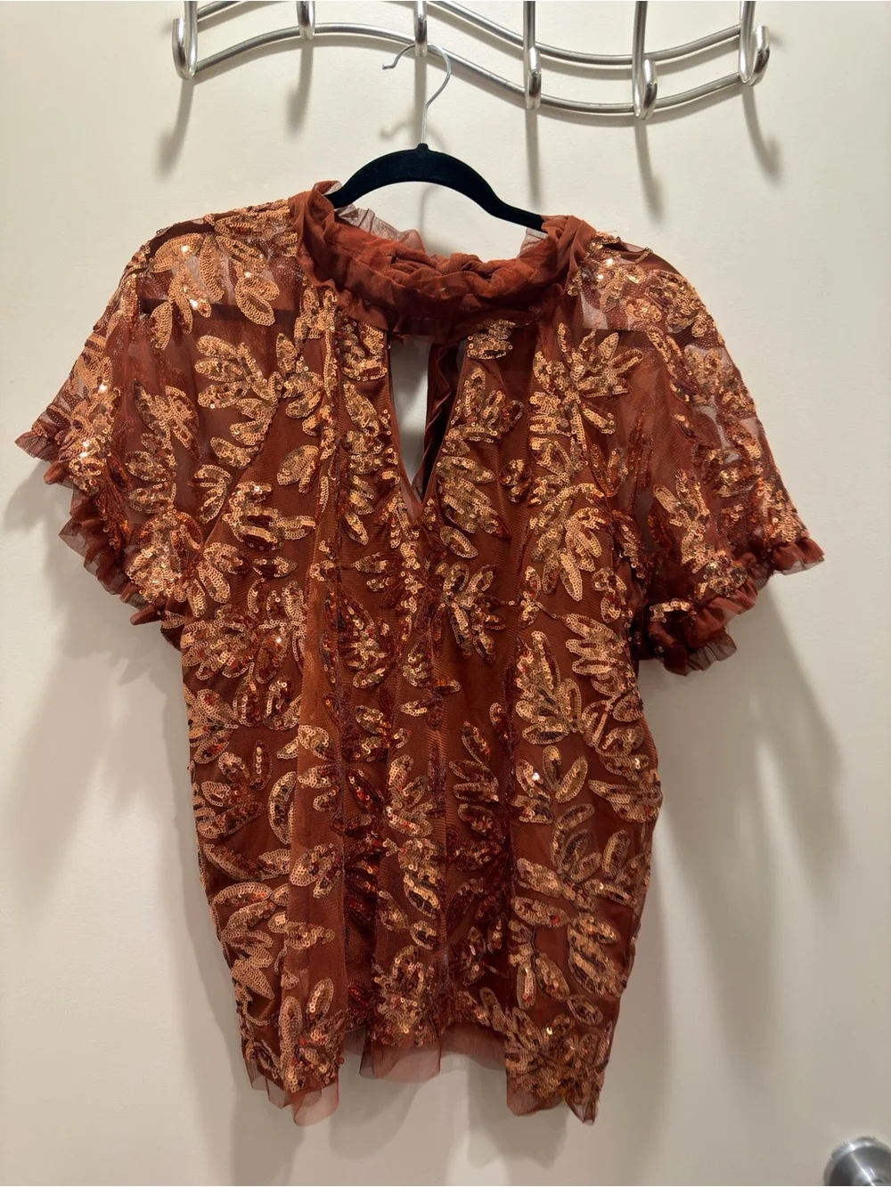 Anthropologie Copper Sequin Leaf Mesh Blouse Large New with tags - Picture 12 of 12